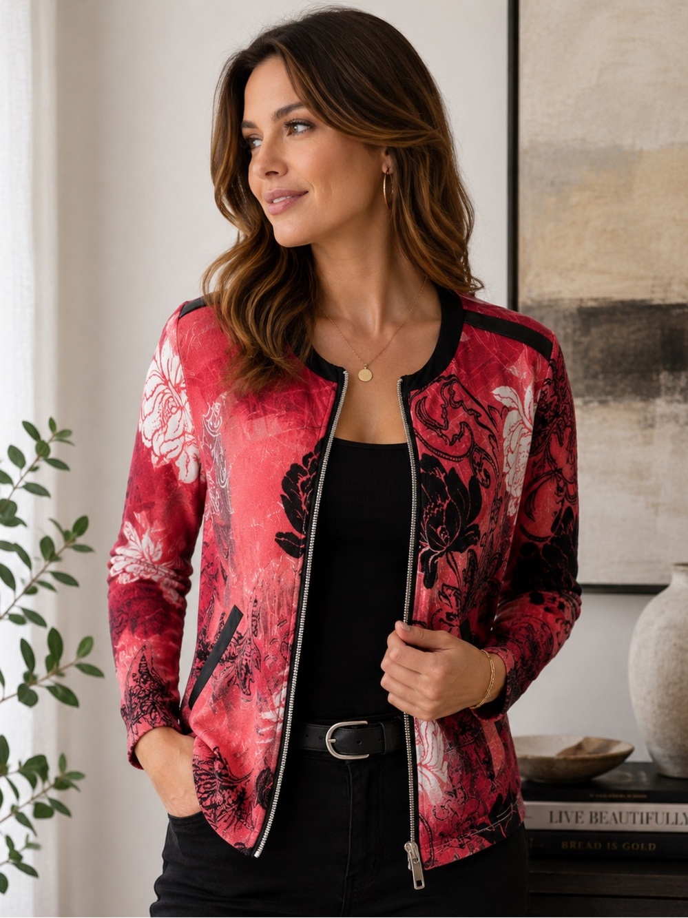 Women’s Floral Bomber Style Zip Cardigan Pink Black Lightweight Jacket M